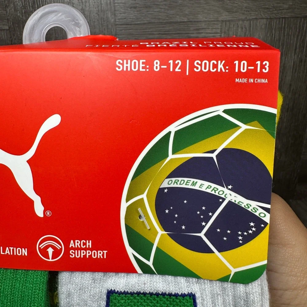 Puma Crew Socks Men 8-12 Brazil Green Yellow White Athletic 6 Pair Pack NEW